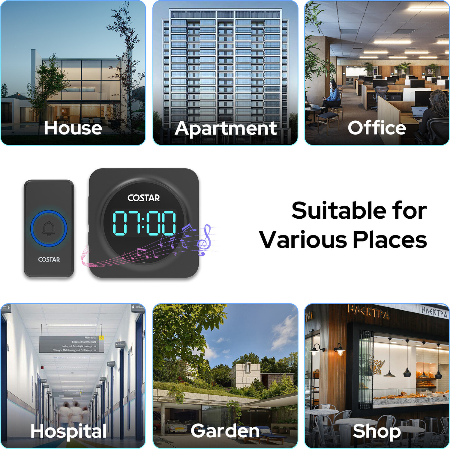 Image of Costar Electric Door bell for home with Time Display, 1000ft Range, 5 Adjustable Volume Wireless Door Chime (58 Tunes)