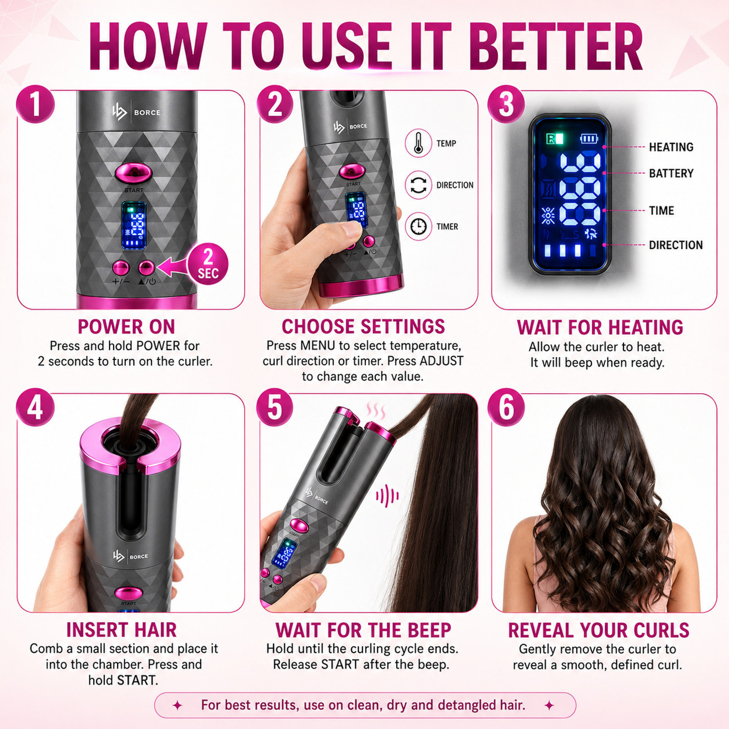 Image of Borce Advance Automatic Hair Curler for Women With Digital Display. Electric Hair Curler