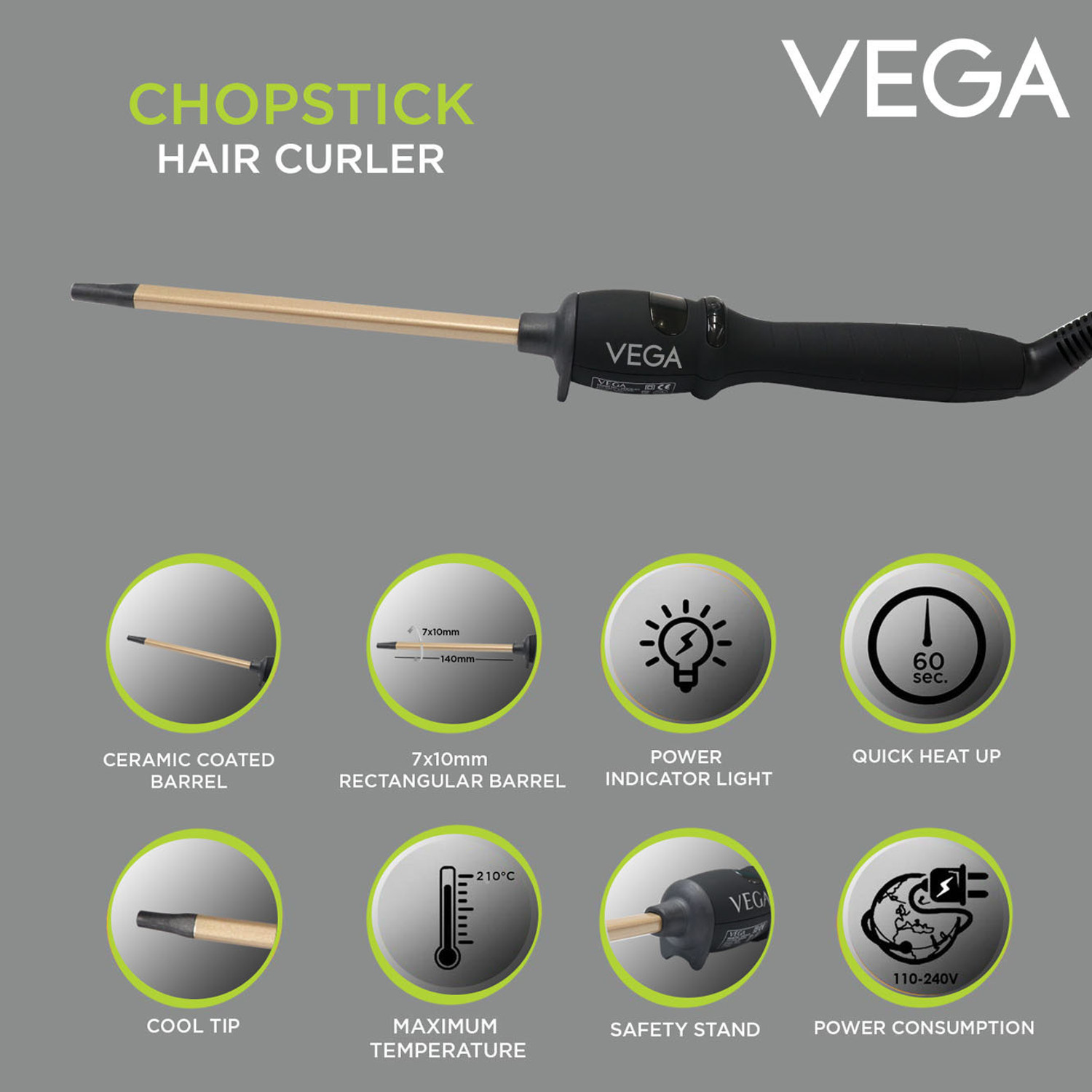 Image of VEGA Chopstick Rectangular with Ceramic Barrel 7x10 mm VHCS-01 Electric Hair Curler