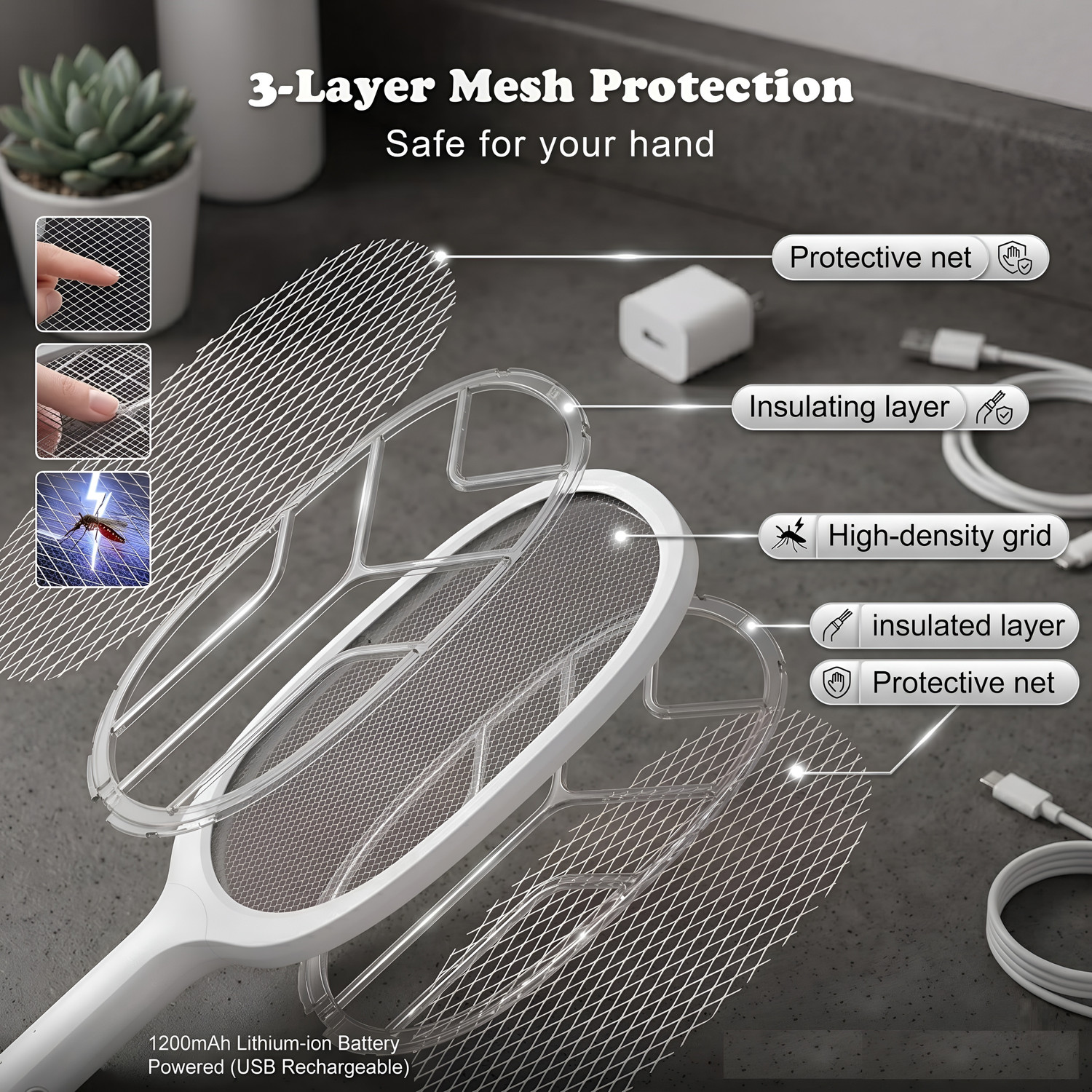 Image of TLK-HWB Portable Rechargeable Anti Mosquito Electric Racket for Indoor Outdoor Use Electric Insect Killer Indoor, Outdoor