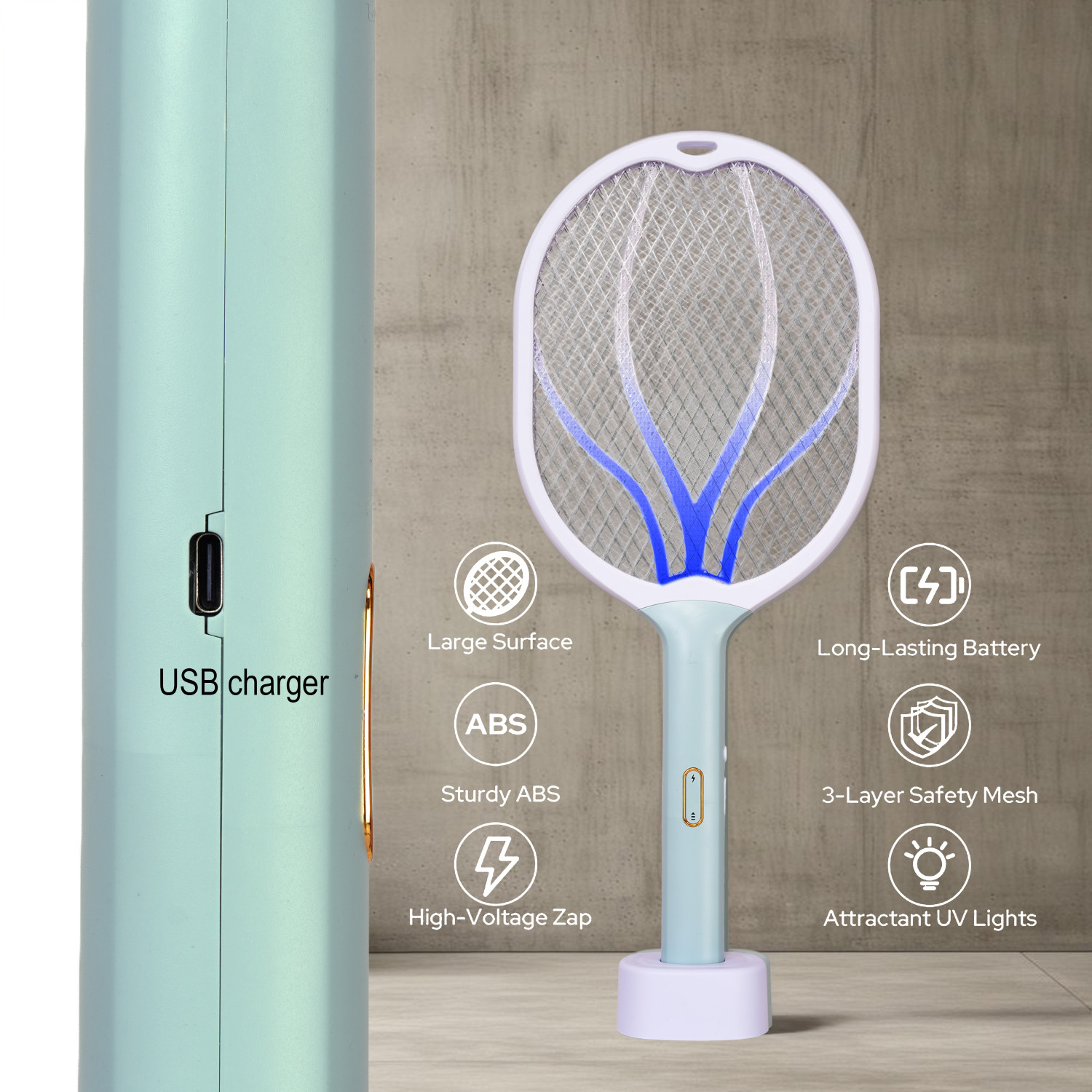 Image of AR-NMAS Lotus 4000V Rechargeable Anti-Mosquito Racket with Attractant UV Lights Electric Insect Killer Indoor, Outdoor