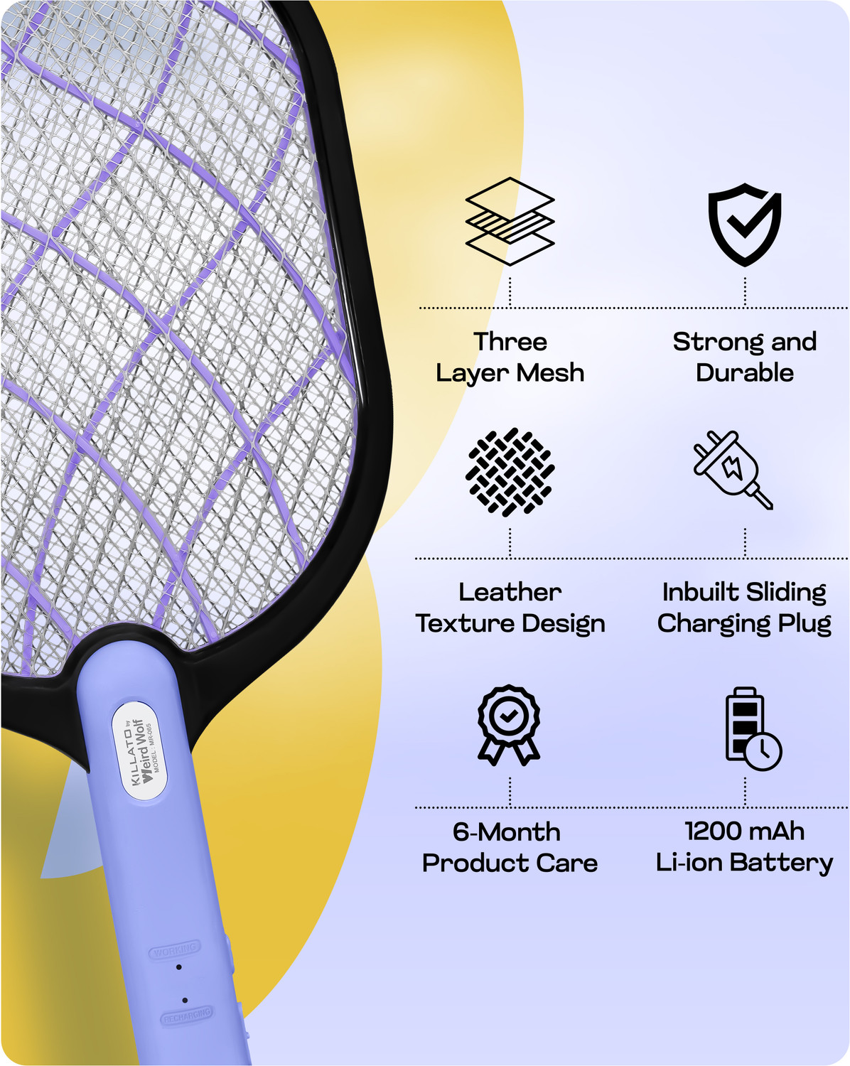 Image of Killato Mosquito Racket Bat with Built-in Charging Plug, 1200 mAh Lithium Battery Electric Insect Killer Indoor, Outdoor