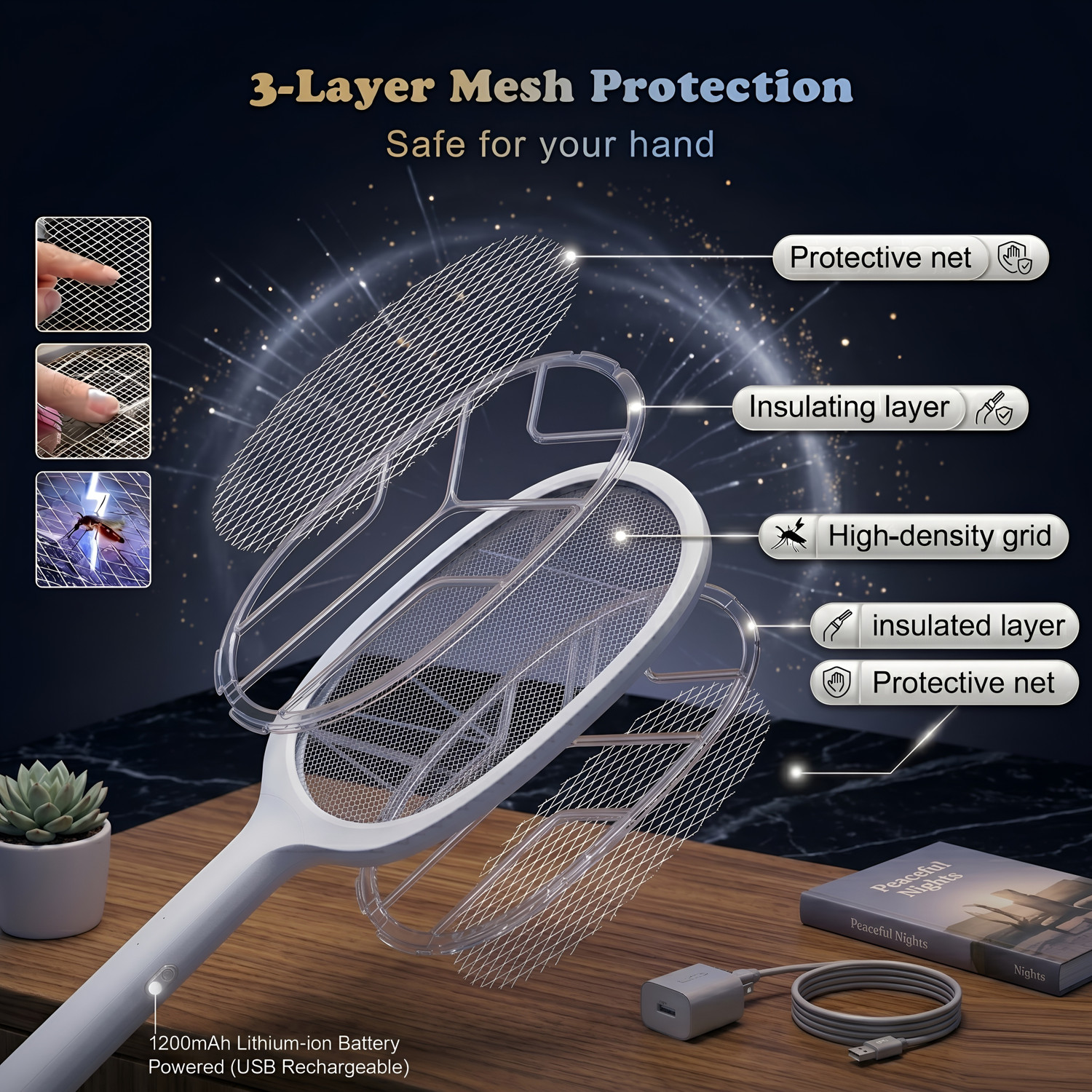 Image of TLK-HWB Rechargeable Electric Mosquito Killer Racket with Bright LED Night Light Electric Insect Killer Indoor, Outdoor