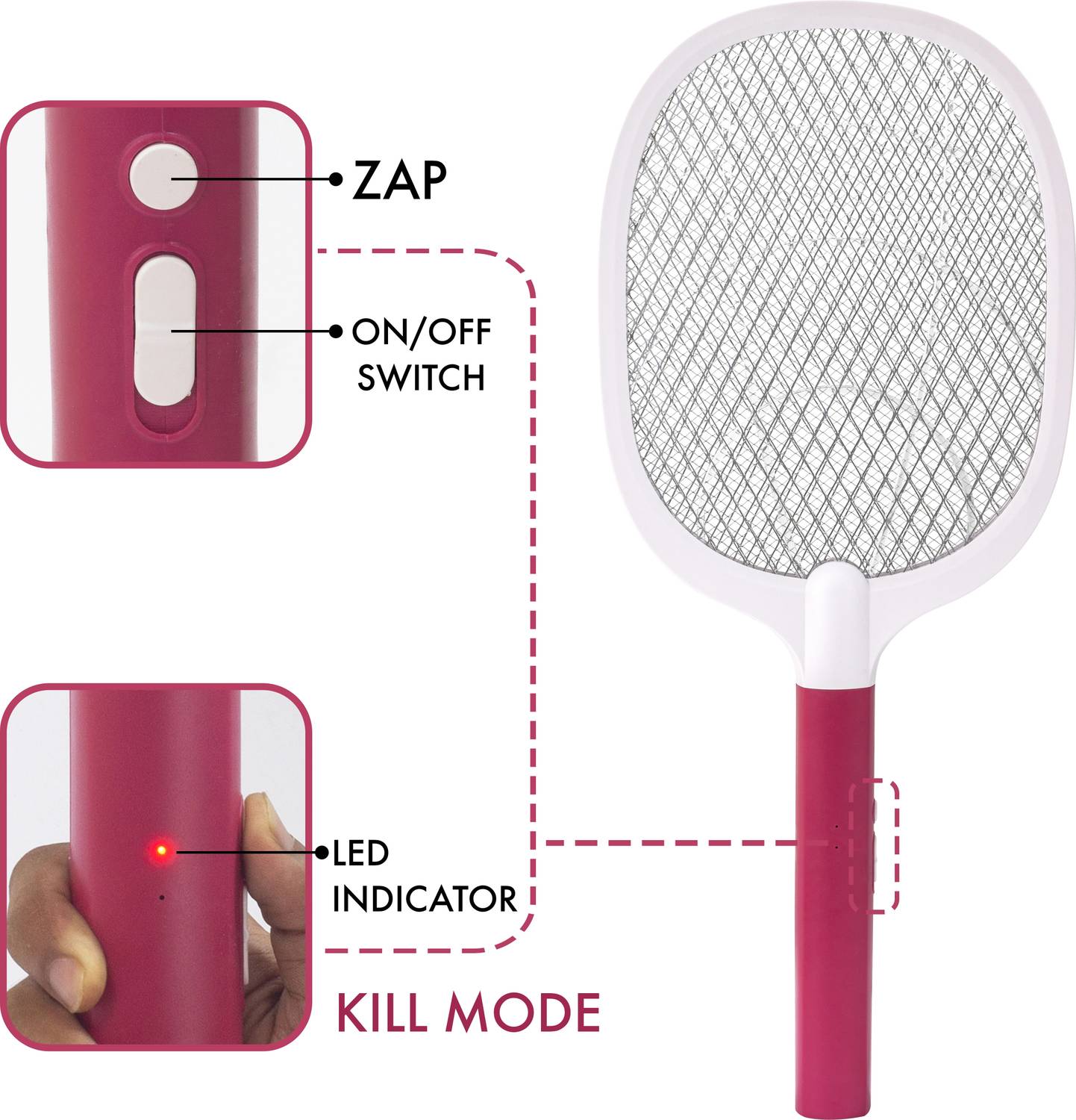 Killato Mosquito Bat Racket Electric Insect Killer, Maroon - Image 3