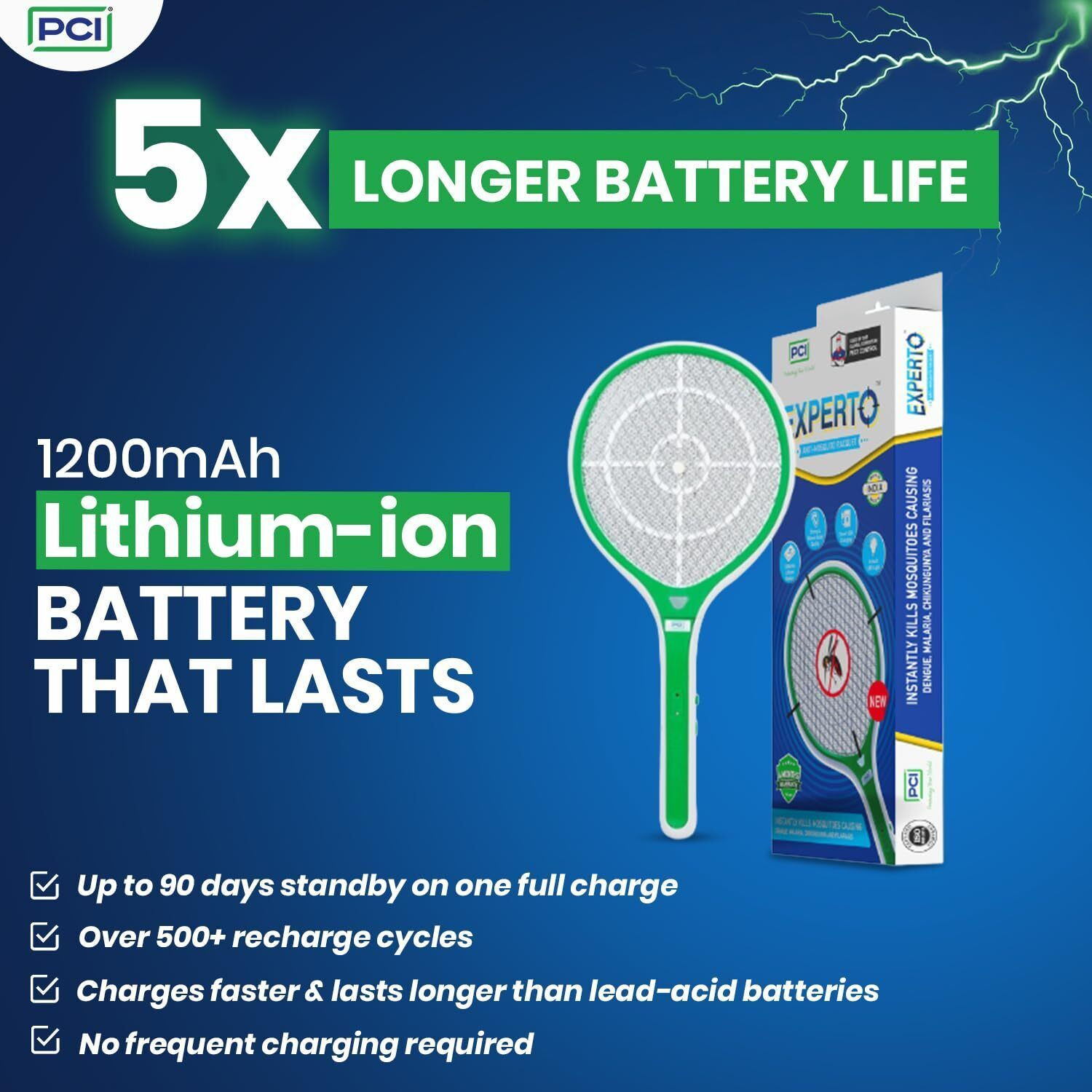 Image of PCI EXPERTO Mosquito Bat | 1200mAh, 90 Days Standby & LED Light |(1 Units) Electric Insect Killer Indoor, Outdoor
