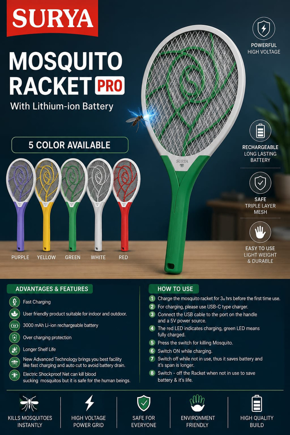 Image of surya roshi Racket Pro Electric Insect Killer Outdoor, Indoor