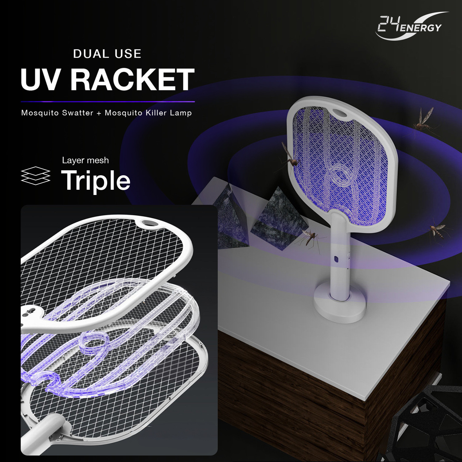 Image of 24 ENERGY Mosquito Bat with 6 UV Light, Lithium Battery, Energy-Efficient Mode Electric Insect Killer Indoor, Outdoor