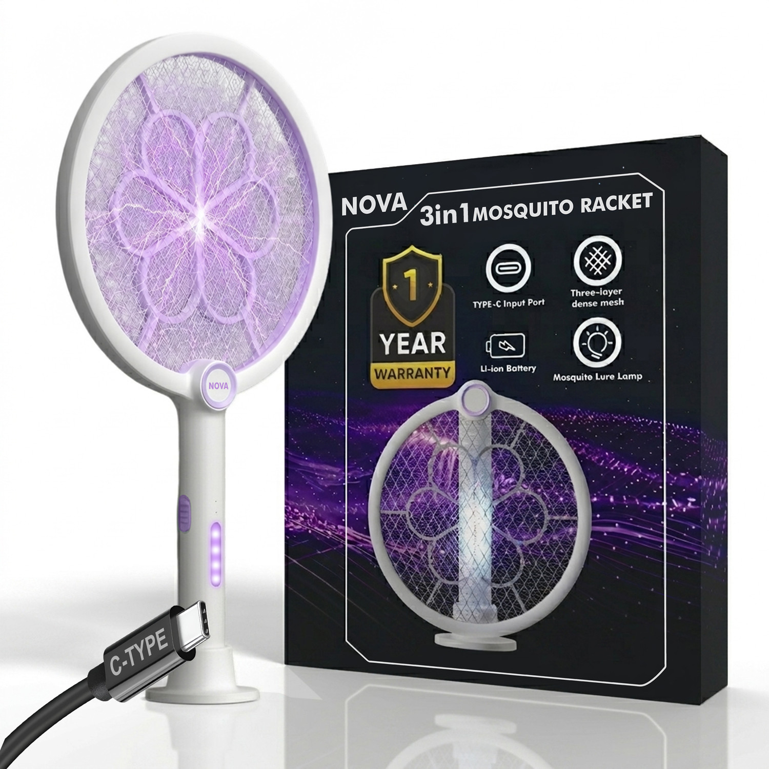 Image of Straw&Weave Mosquito Killer Racket, 3-in-1 Foldable UV Light, 1200mAh Type-C, 1-Yr Warranty Electric Insect Killer Indoor, Outdoor