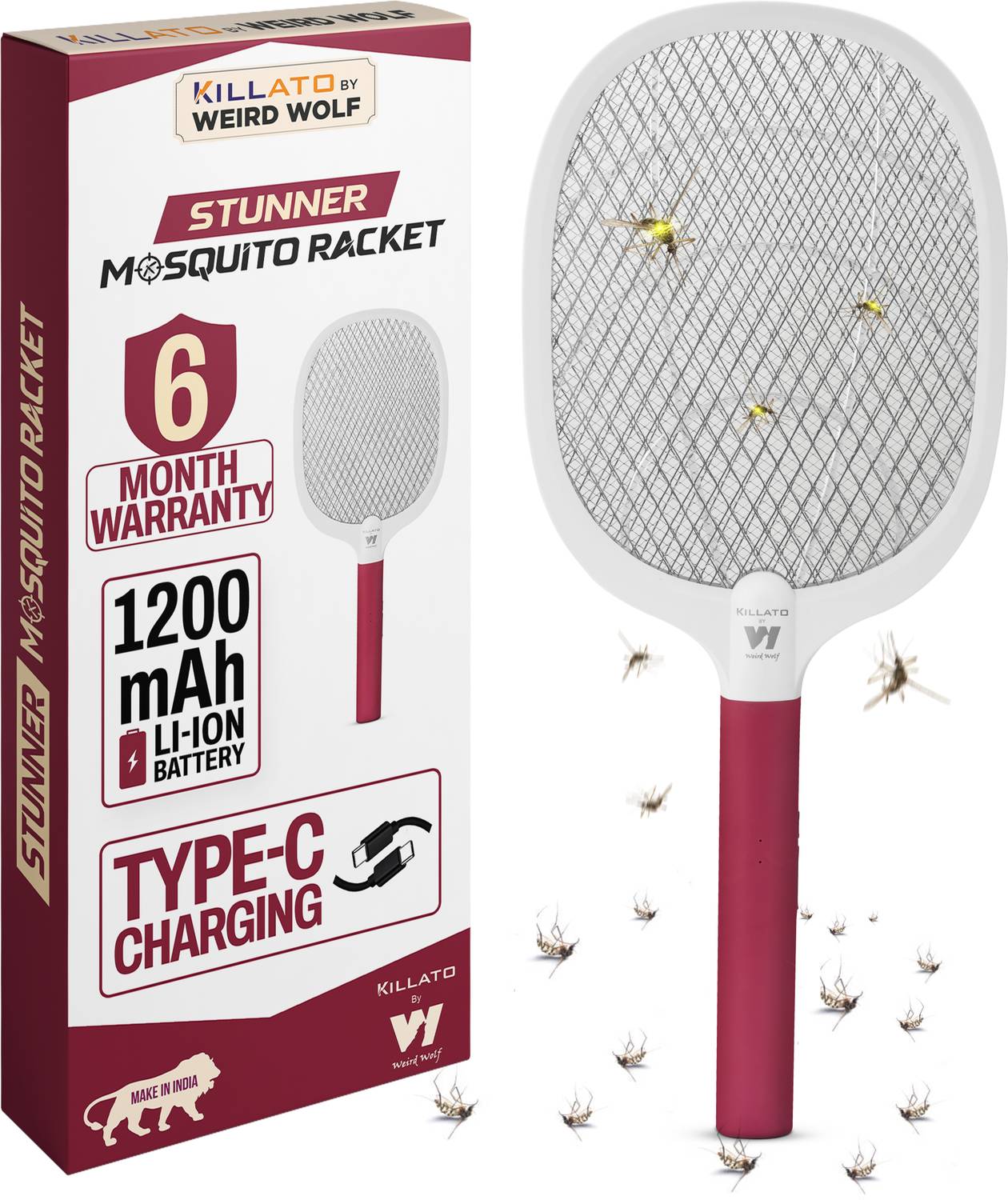 Killato Mosquito Bat Racket Electric Insect Killer Maroon