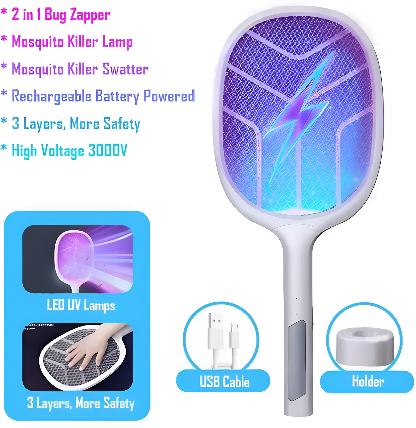 Image of AD-RML Ultra High Voltage Rechargeable Electric Mosquito Racket with LED Light Electric Insect Killer Indoor, Outdoor