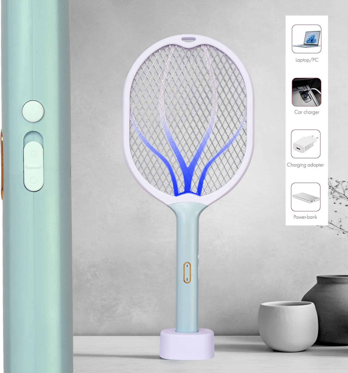 Image of AR-NMAS Lotus 4000V Rechargeable Anti-Mosquito Racket with Attractant UV Lights Electric Insect Killer Indoor, Outdoor