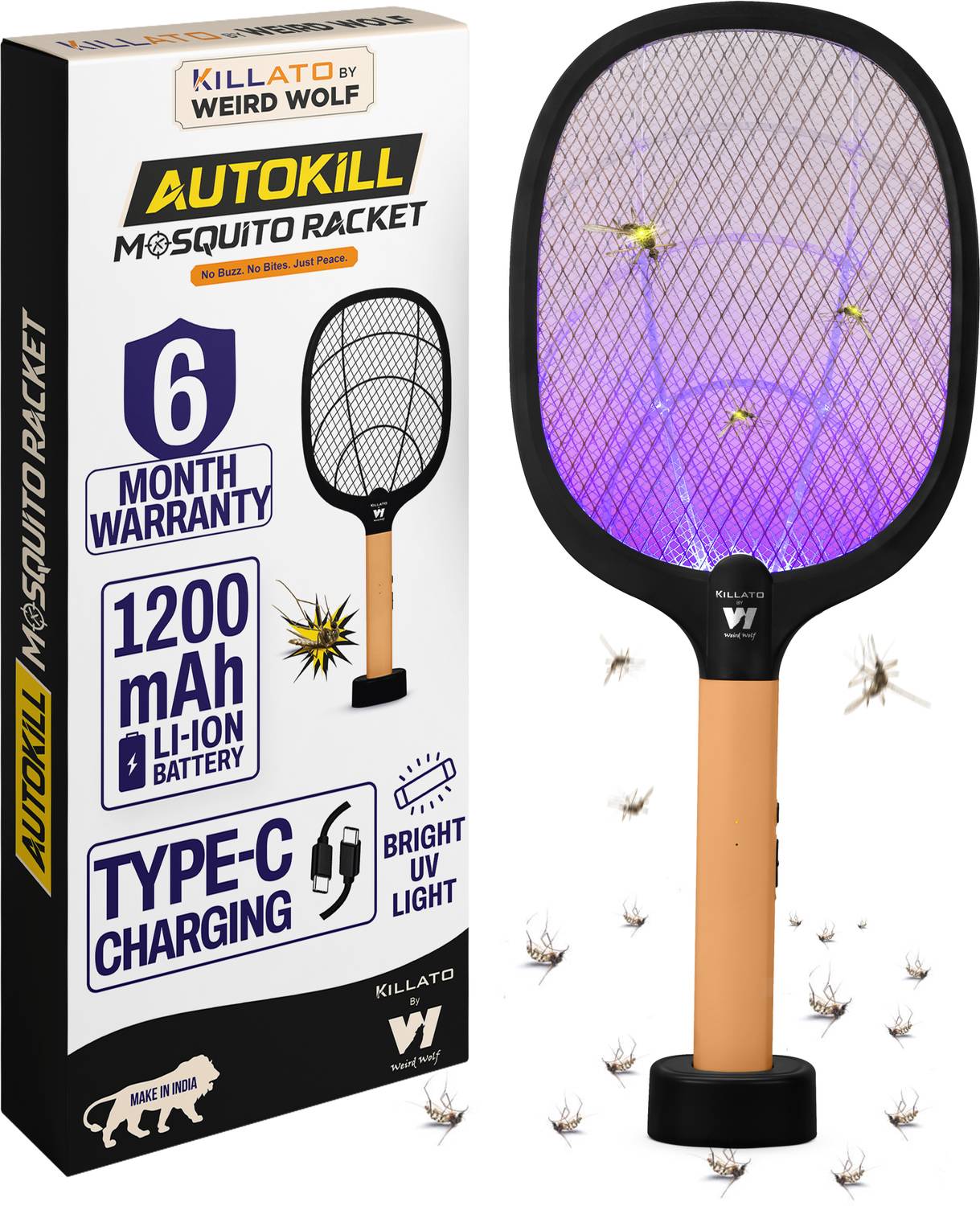 Killato by Weird Wolf 2 in 1 UV Light Mosquito Bat Racket with Base Stand Rechargeable Electric Insect Killer Indoor, Outdoor