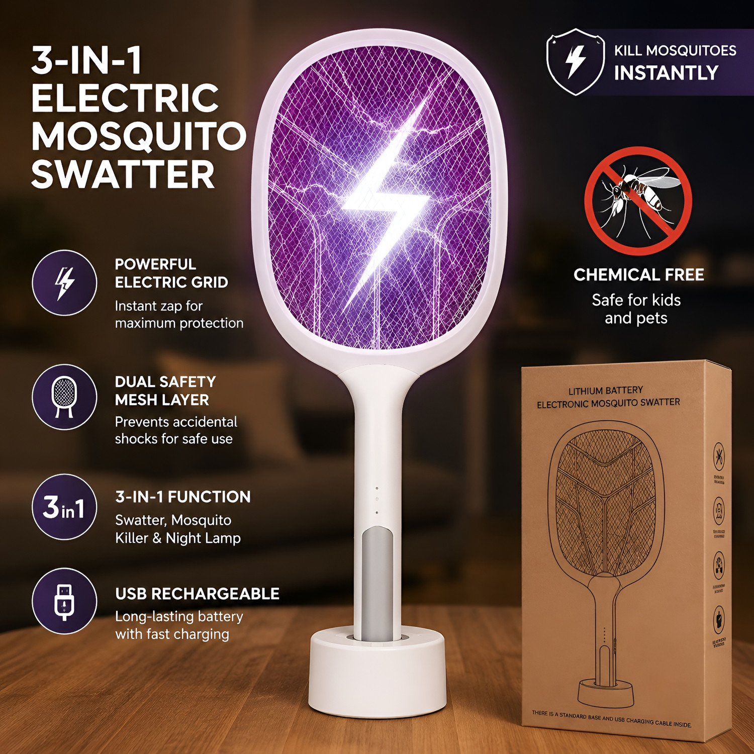 Image of TLK-HWB Rechargeable Electric Mosquito Killer Racket with Bright LED Night Light Electric Insect Killer Indoor, Outdoor