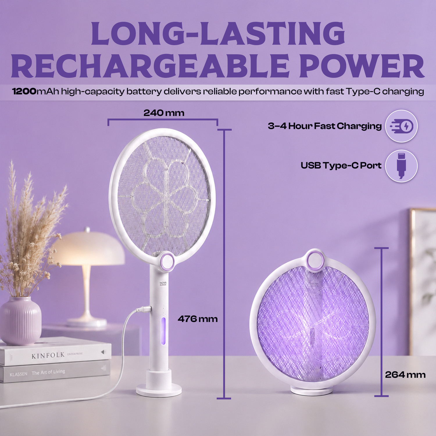 Image of Straw&Weave Mosquito Killer Racket, 3-in-1 Foldable UV Light, 1200mAh Type-C, 1-Yr Warranty Electric Insect Killer Indoor, Outdoor