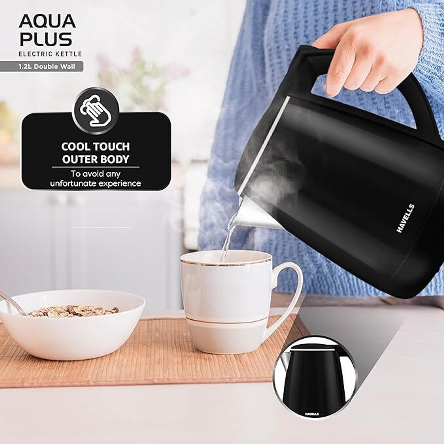 Image of HAVELLS AQUA PLUS ELECTRIC KETTLE 1.2L 1500W BLACK Electric Kettle