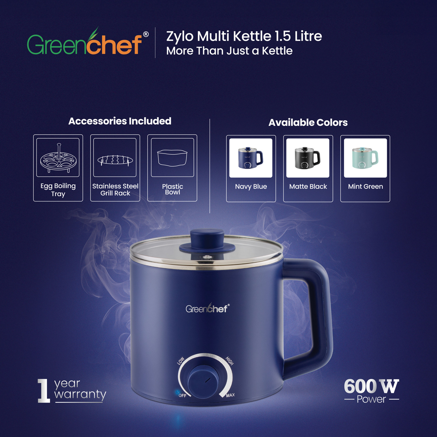 Image of Greenchef Multi Electric Kettle 1.5 Litre capacity Zylo 600Watts with 1year warranty Electric Kettle