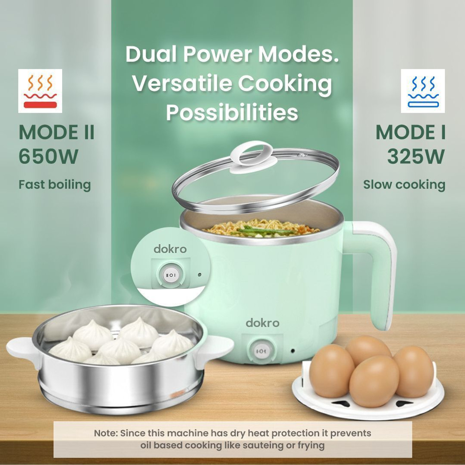 Image of dokro MultiCookPot MultiKettle with Dual Power Modes (325W & 650W) | SS304 Multi Cooker Electric Kettle