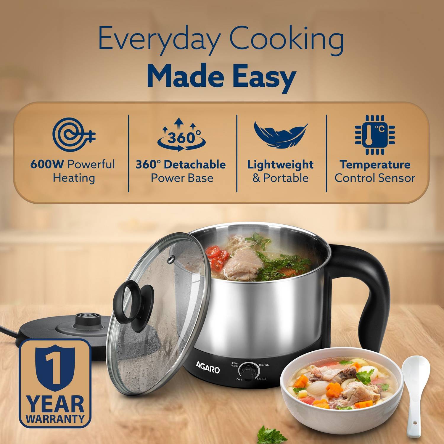 AGARO Esteem Multi Kettle 600W Stainless Steel - Image 3