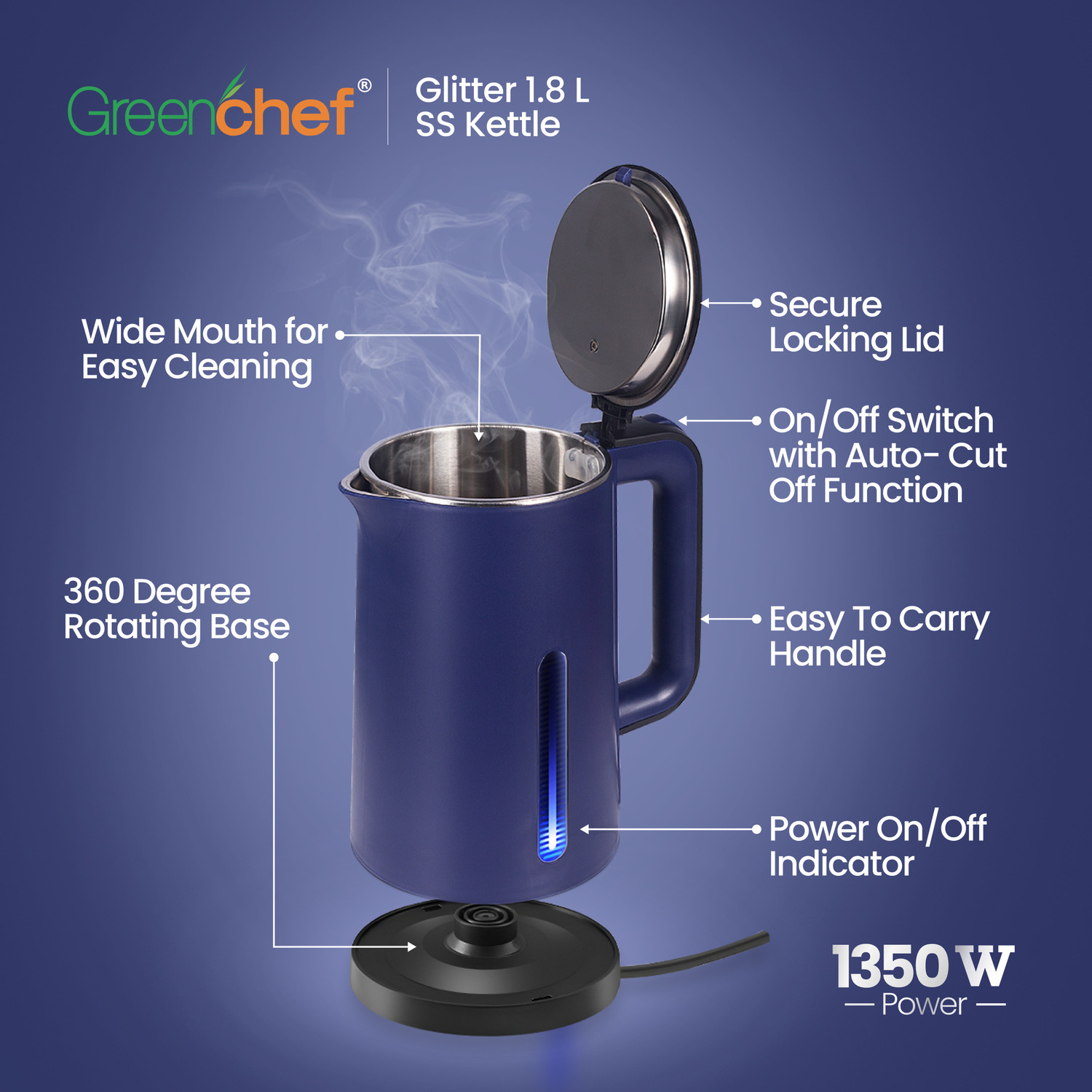 Image of Greenchef Glitter SS Electric Kettel | 1.8litre capacity | Blue color | cordless Electric Kettle