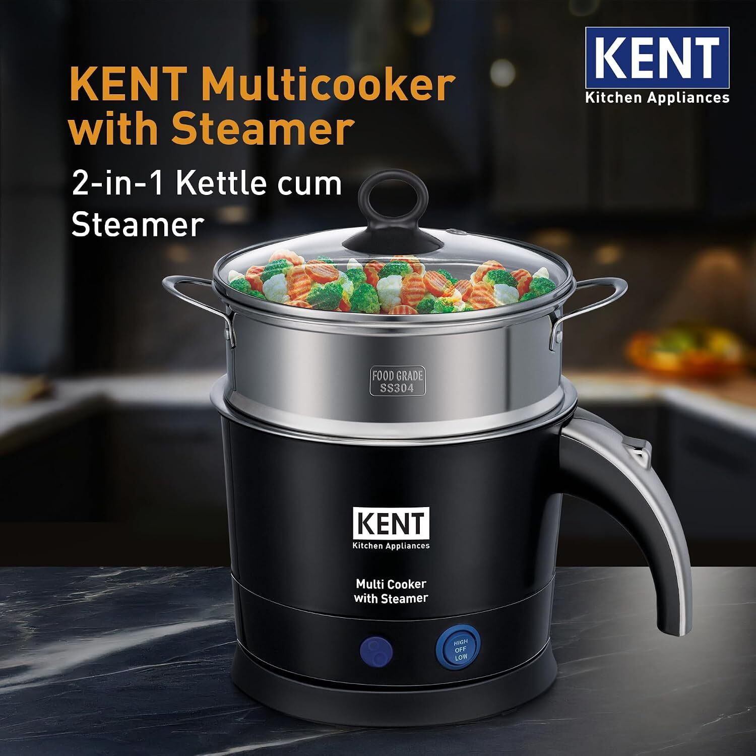 Image of KENT Electric Multicooker /Kettle with Steamer | 800W | Boiling of Water, Tea,Eggs | Multi Cooker Electric Kettle
