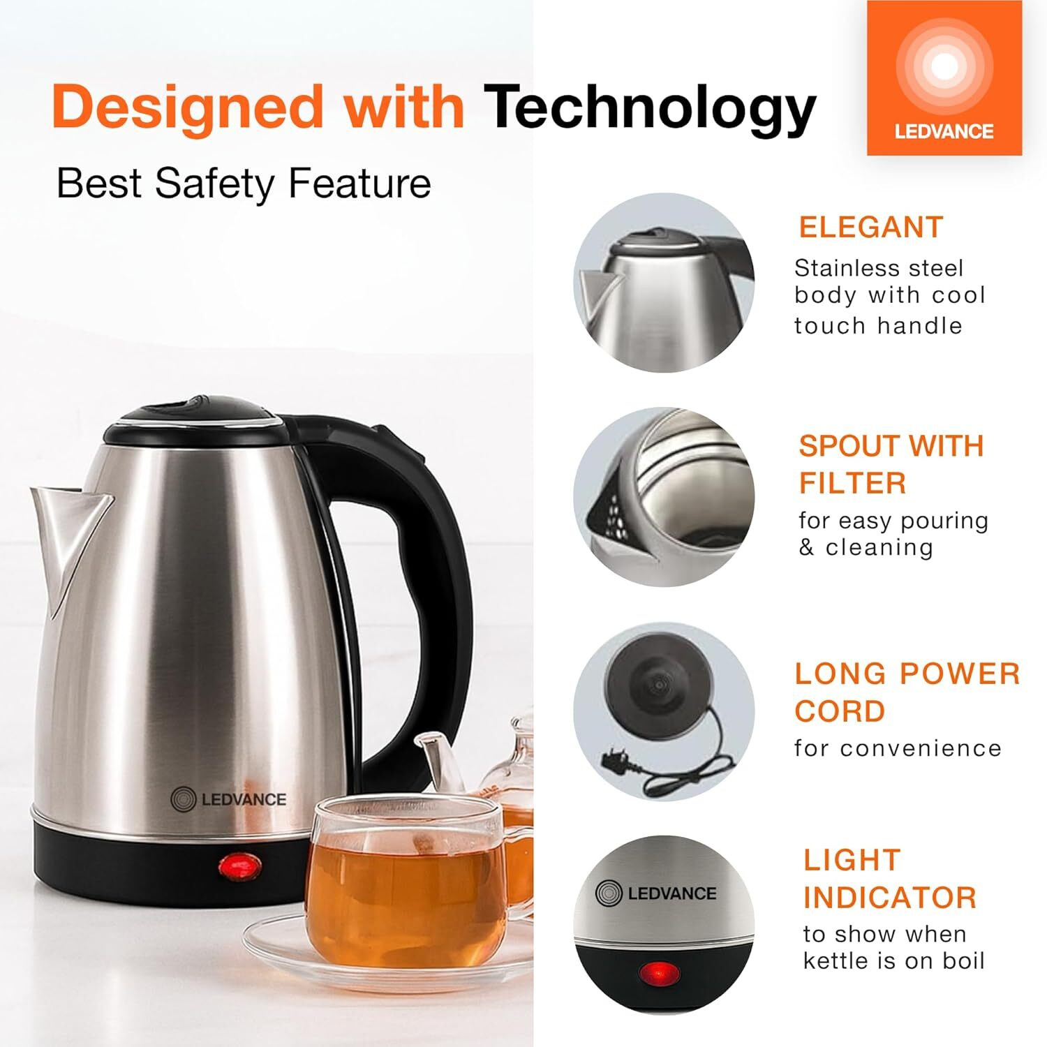 Image of ledvance Electric Kettle | For Hot Water, Tea, Coffee & Noodles| 1350W | Quick Heating Electric Kettle
