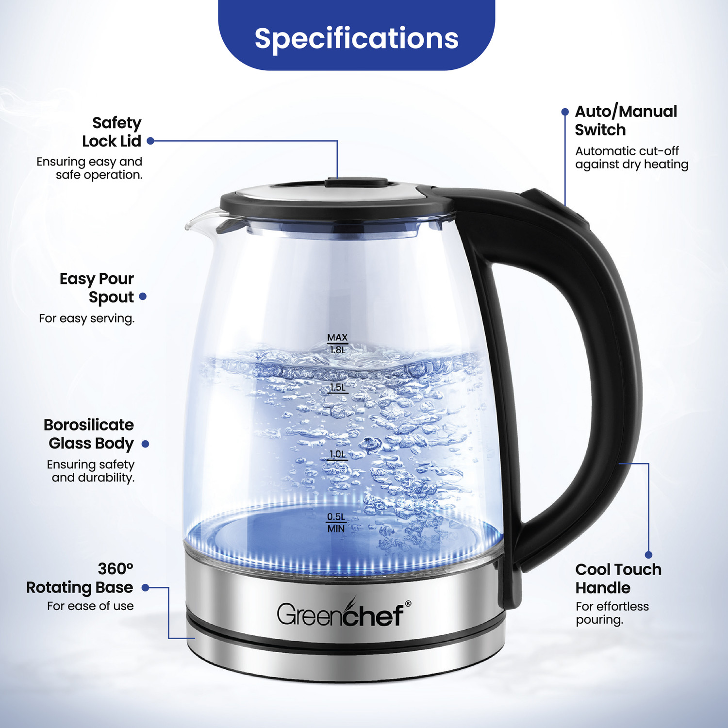 Image of Greenchef Aura Electric Glass kettle 1.8Litres Capacity 1500 Watts Power Electric Kettle