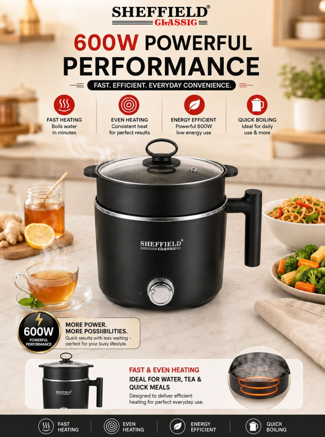 Image of Sheffield Classic Multipurpose Electric Kettle with Steamer, 600W Multi Cooker Electric Kettle