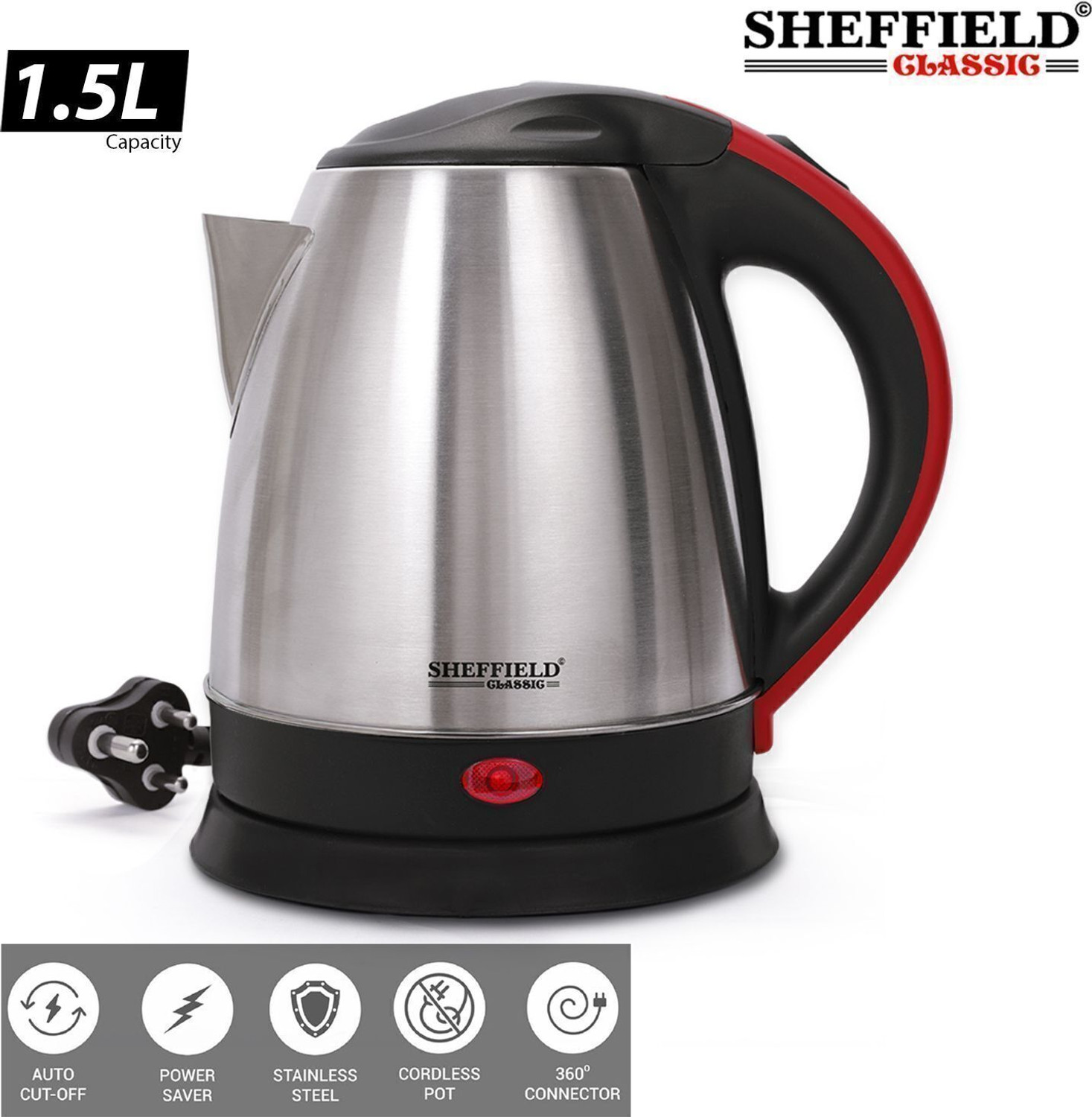 Image of Sheffield Classic Electric Kettle Stainless steel, 1.5 L Capacity Electric Kettle (1.5 L, Silver, Red)