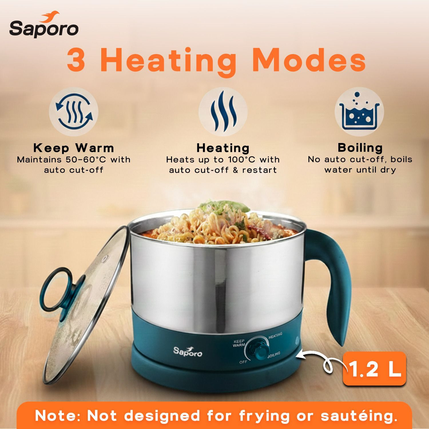 Image of SAPORO FlexiPro Electric Multipurpose Kettle with Stainless Steel Body, 600W Multi Cooker Electric Kettle
