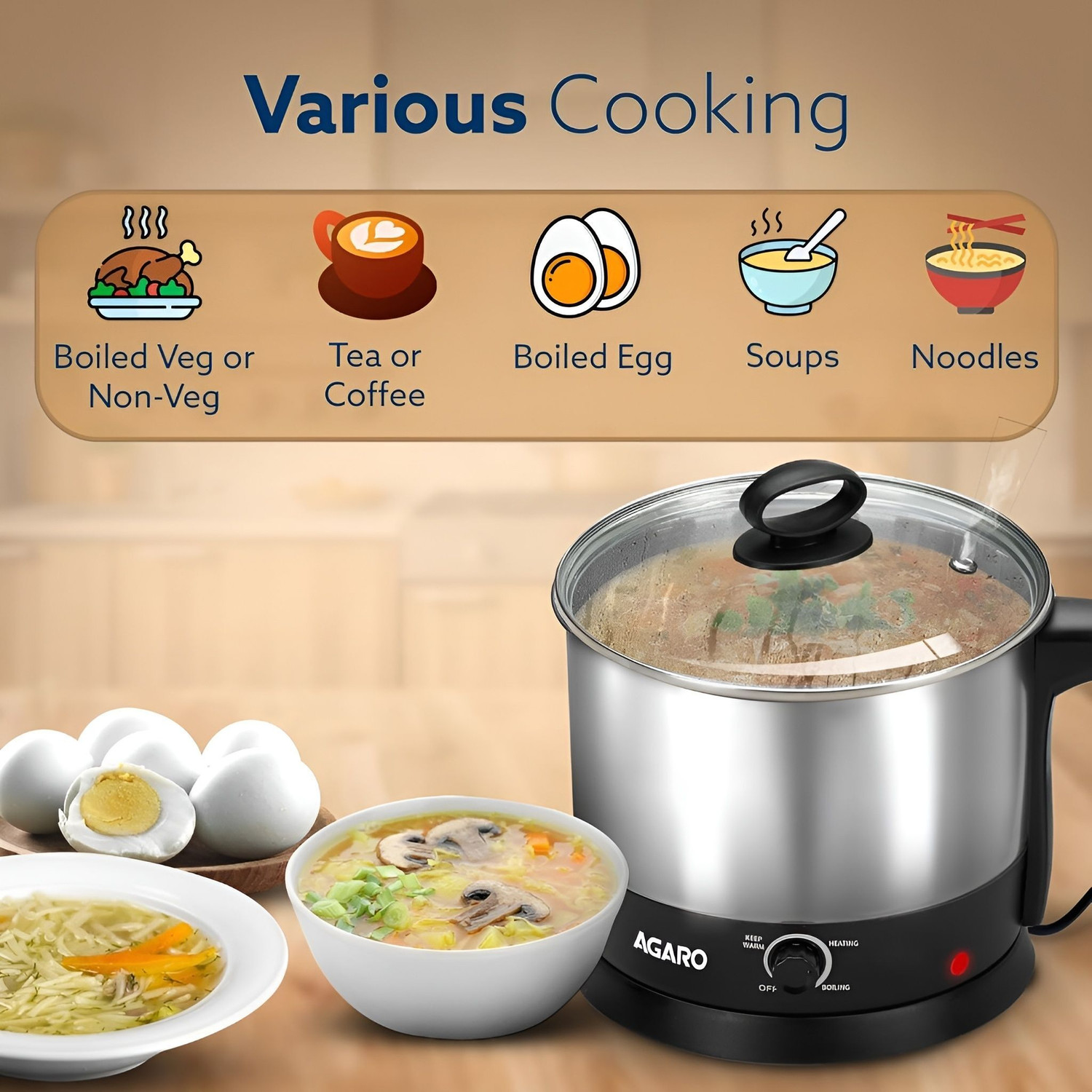 Image of AGARO Esteem Multi Kettle Stainless Steel Body, Egg Rack, Grill Rack, 3 Heating Modes Electric Kettle