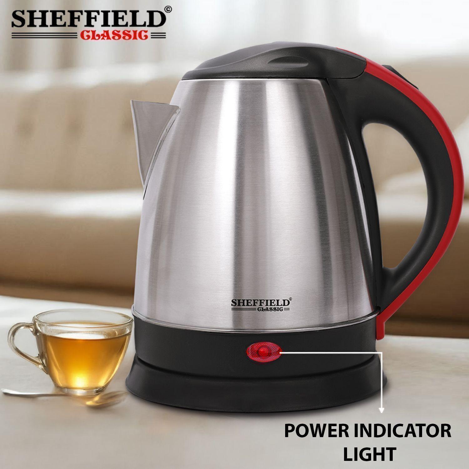 Image of Sheffield Classic Electric Kettle Stainless steel, 1.5 L Capacity Electric Kettle (1.5 L, Silver, Red)