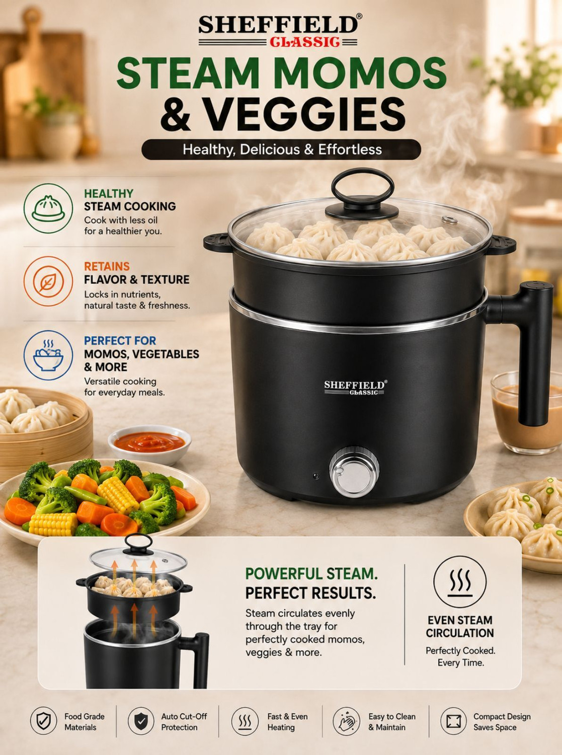 Image of Sheffield Classic Multipurpose Electric Kettle with Steamer, 600W Multi Cooker Electric Kettle