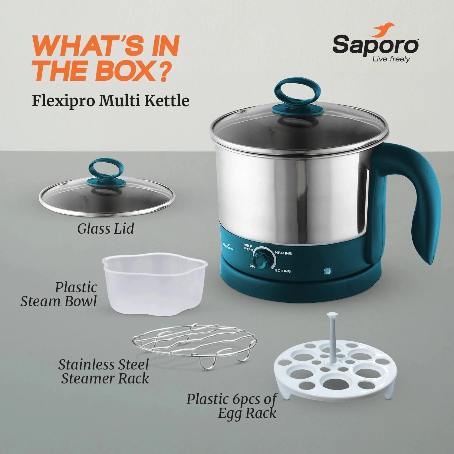 Image of SAPORO FlexiPro Electric Multipurpose Kettle with Stainless Steel Body, 600W Multi Cooker Electric Kettle