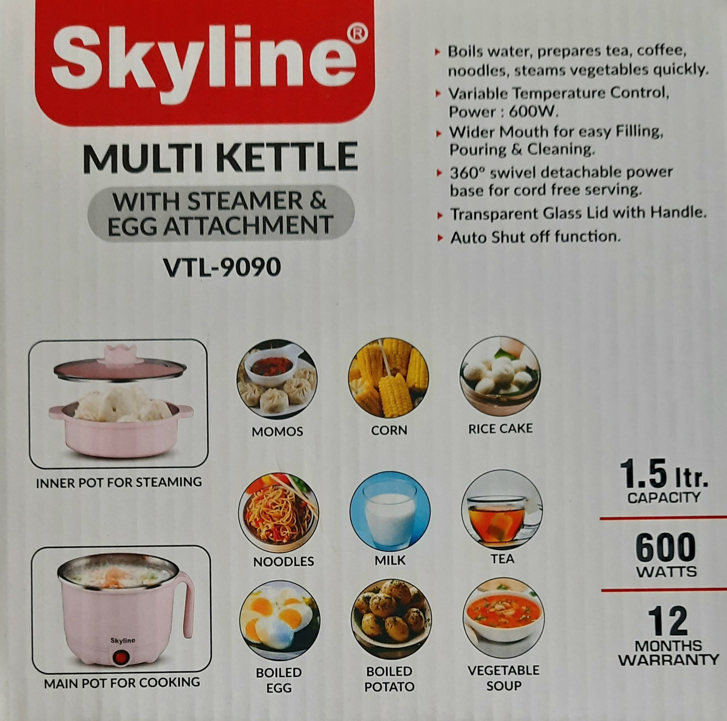Image of SKYLINE Multi Kettle (1.5 Ltr.) With Steamer and Egg Boiling Attachment. Electric Kettle