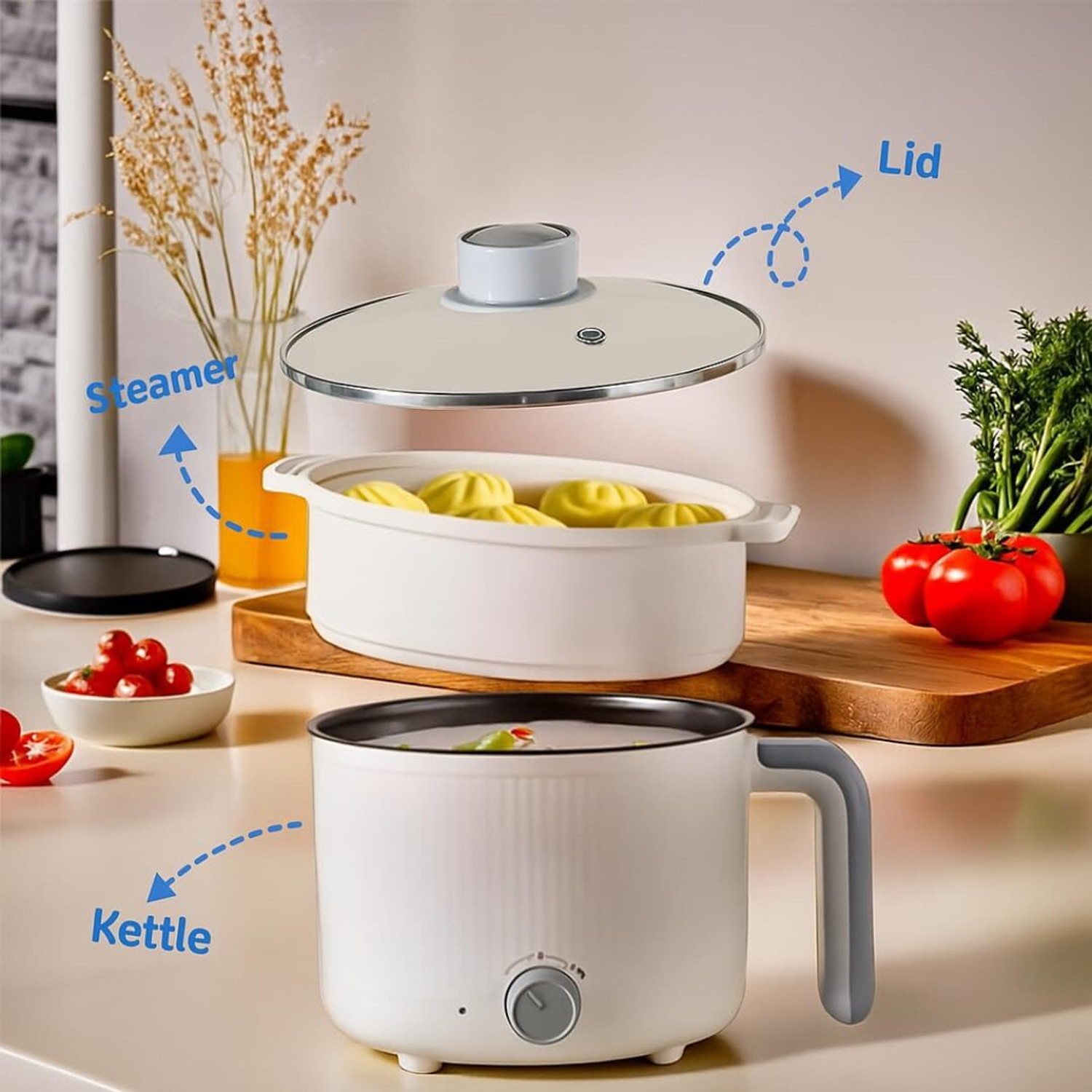 Image of Kavonex All-in-One Electric Cooking Pot with Steamer Food Steamer, Rice Cooker, Travel Cooker, Egg Boiler