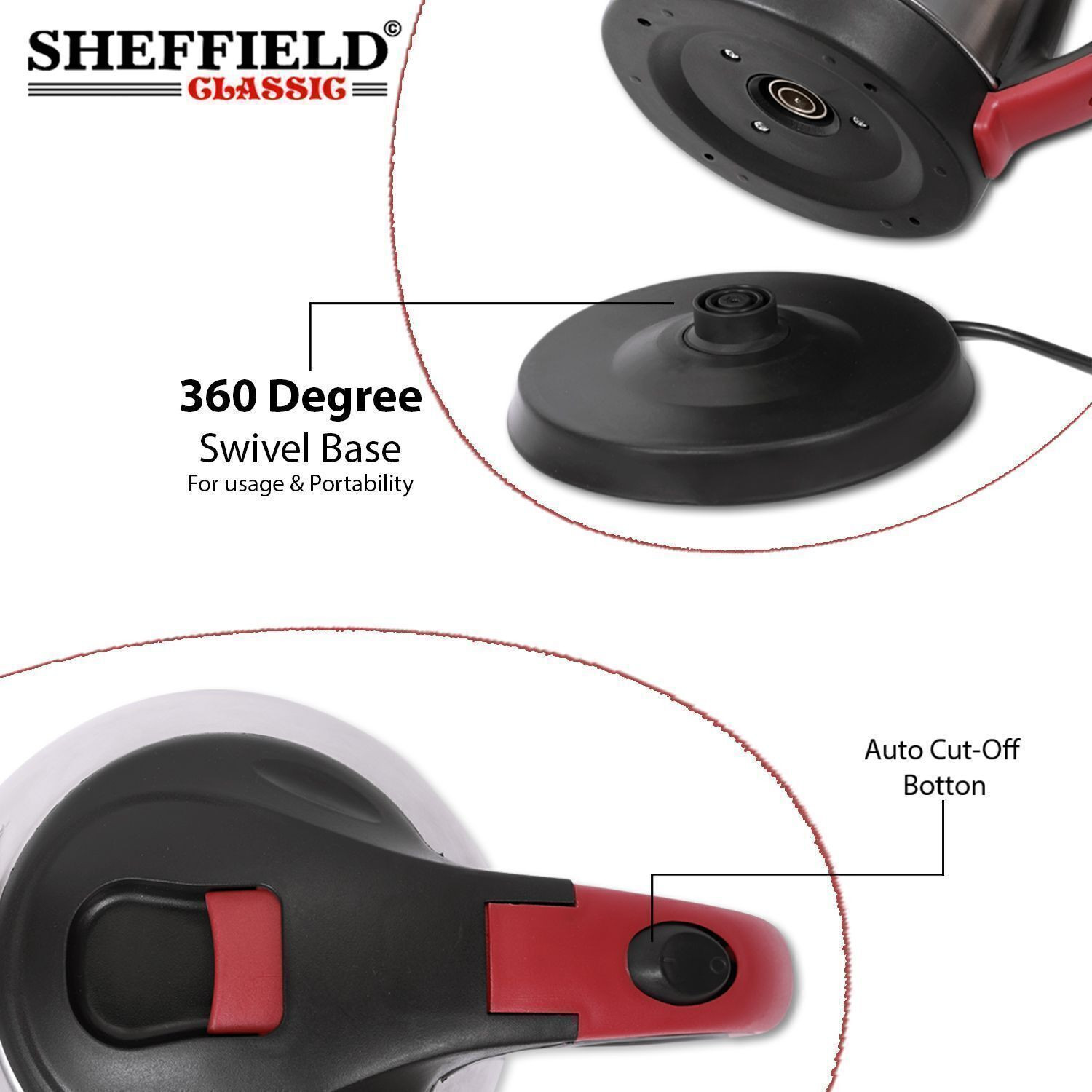 Image of Sheffield Classic Electric Kettle Stainless steel, 1.5 L Capacity Electric Kettle (1.5 L, Silver, Red)
