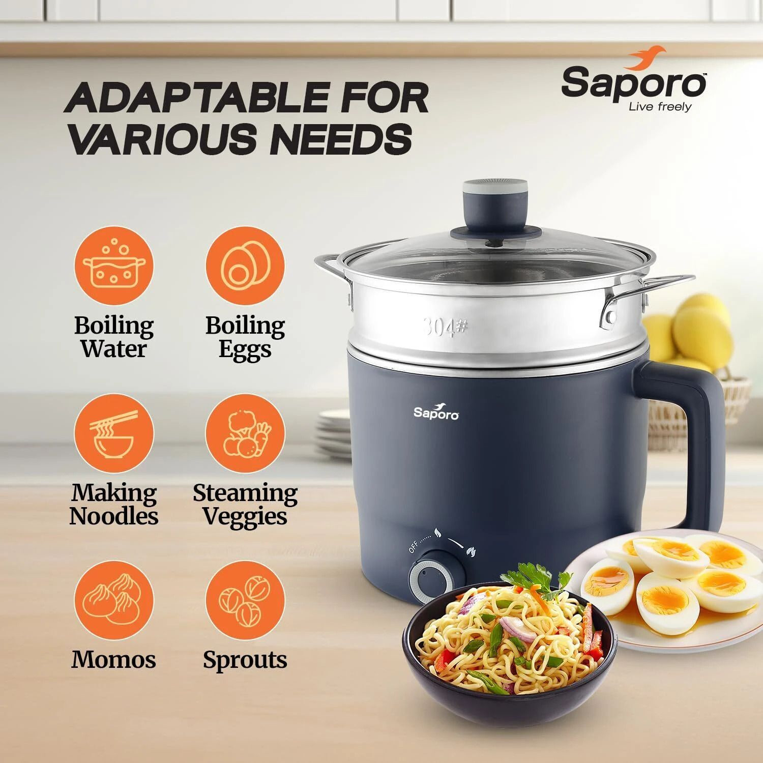 Image of SAPORO Flexicook Electric Multipurpose Kettle with Steamer - Double Layered Body - 600W Multi Cooker Electric Kettle