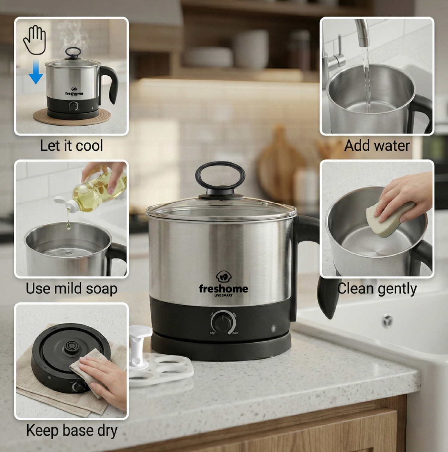 Image of Freshome 1.2L Stainless Steel Multi Electric Kettle 600W for Noodles, Soup & Eggs Multi Cooker Electric Kettle