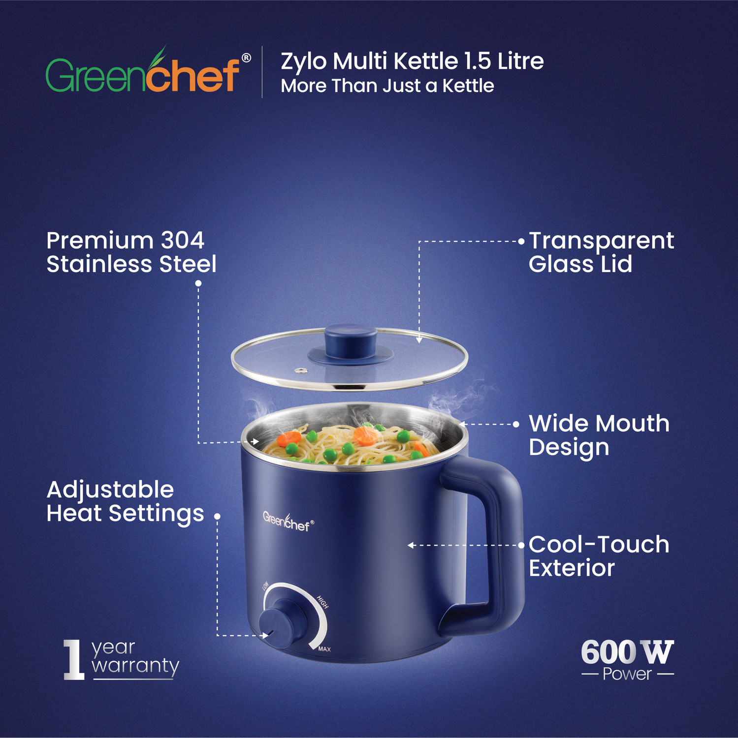 Image of Greenchef Multi Electric Kettle 1.5 Litre capacity Zylo 600Watts with 1year warranty Electric Kettle