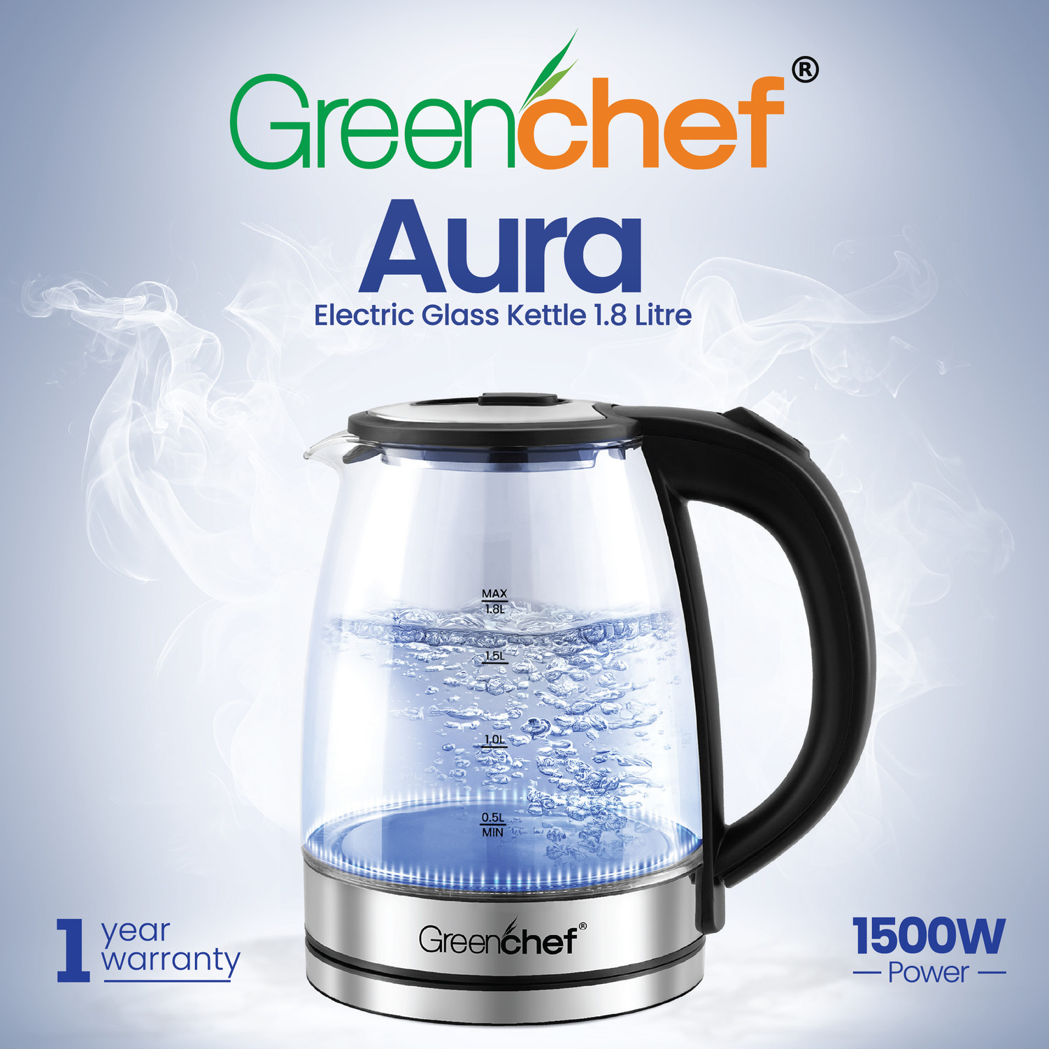 Image of Greenchef Aura Electric Glass kettle 1.8Litres Capacity 1500 Watts Power Electric Kettle