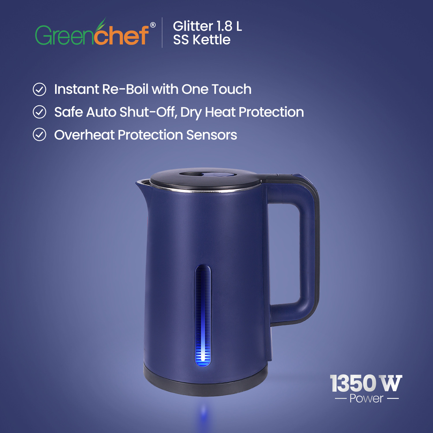 Image of Greenchef Glitter SS Electric Kettel | 1.8litre capacity | Blue color | cordless Electric Kettle
