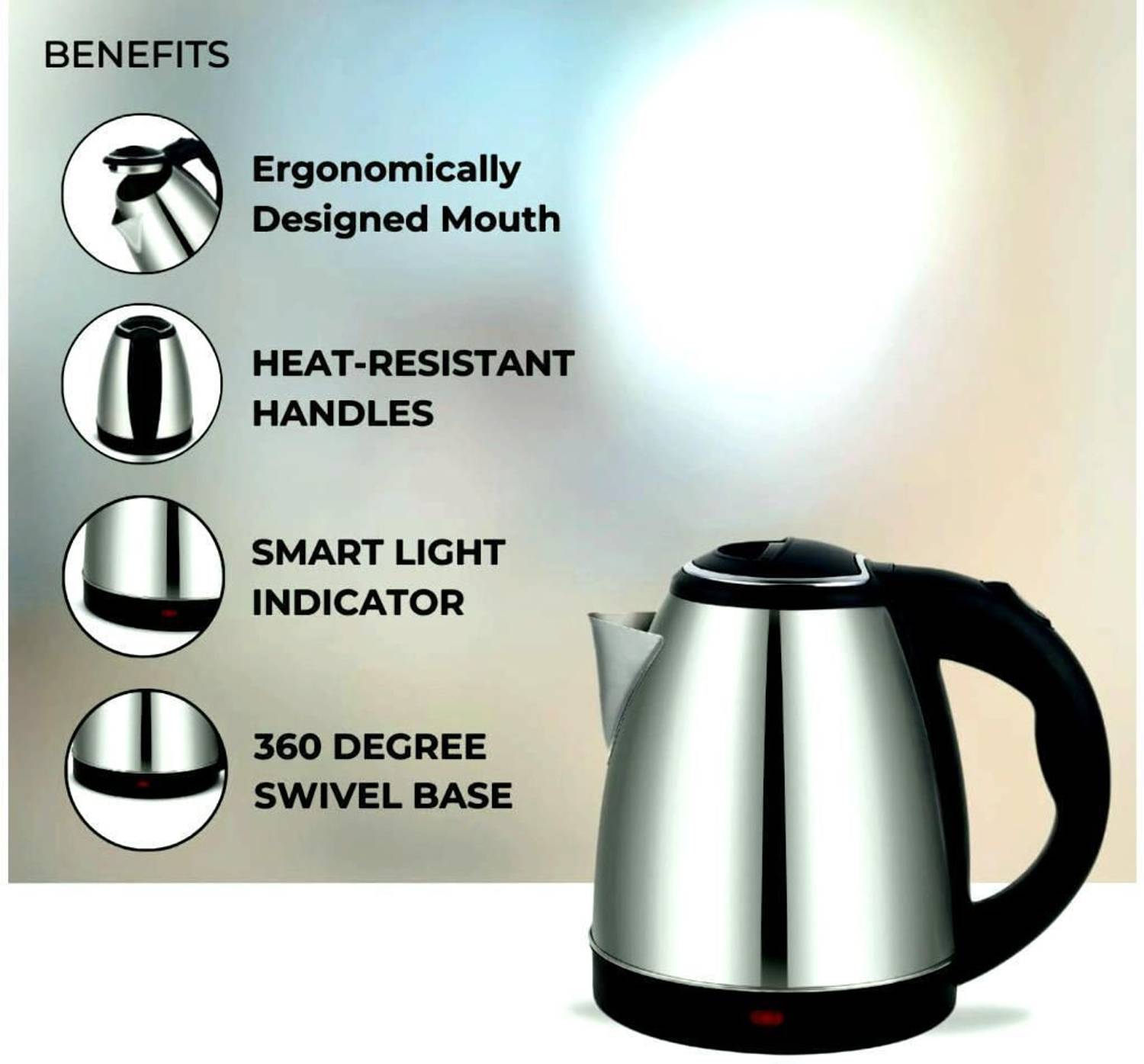 RKSHOPPINGZONCD Electric Kettle with Stainless Steel Body, 2L for