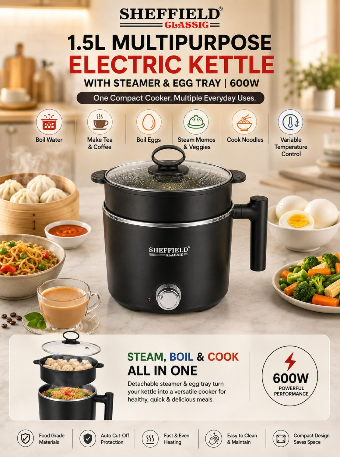 Image of Sheffield Classic Multipurpose Electric Kettle with Steamer, 600W Multi Cooker Electric Kettle