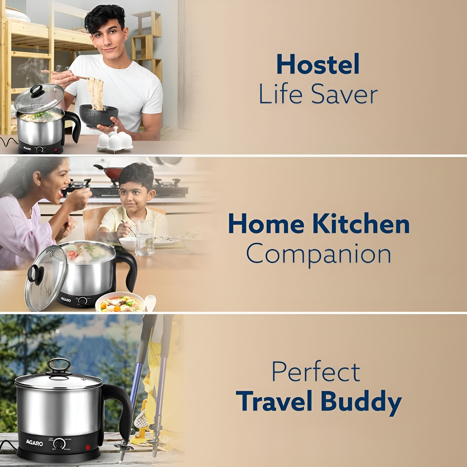 Image of AGARO Esteem Multi Kettle Stainless Steel Body, Egg Rack, Grill Rack, 3 Heating Modes Electric Kettle