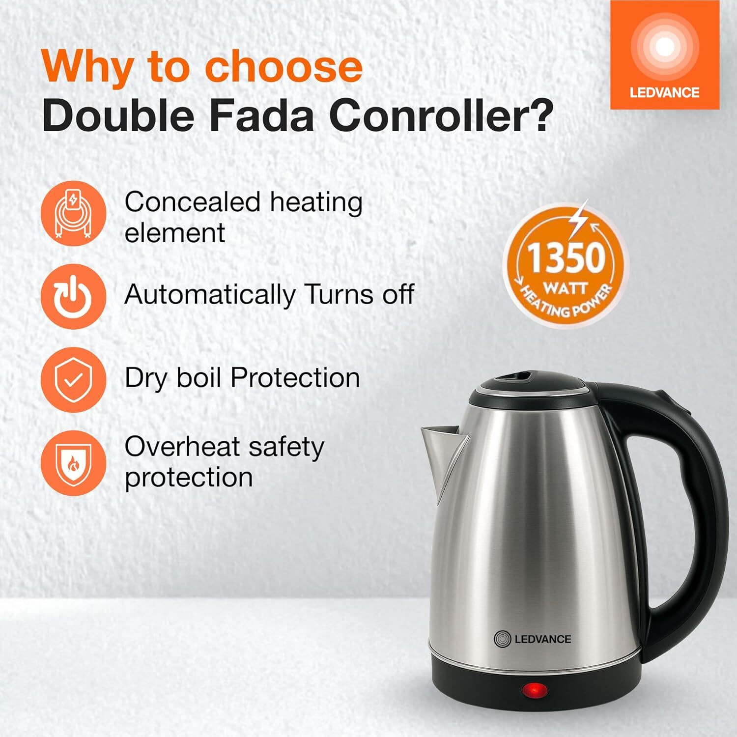 Image of ledvance Electric Kettle | For Hot Water, Tea, Coffee & Noodles| 1350W | Quick Heating Electric Kettle