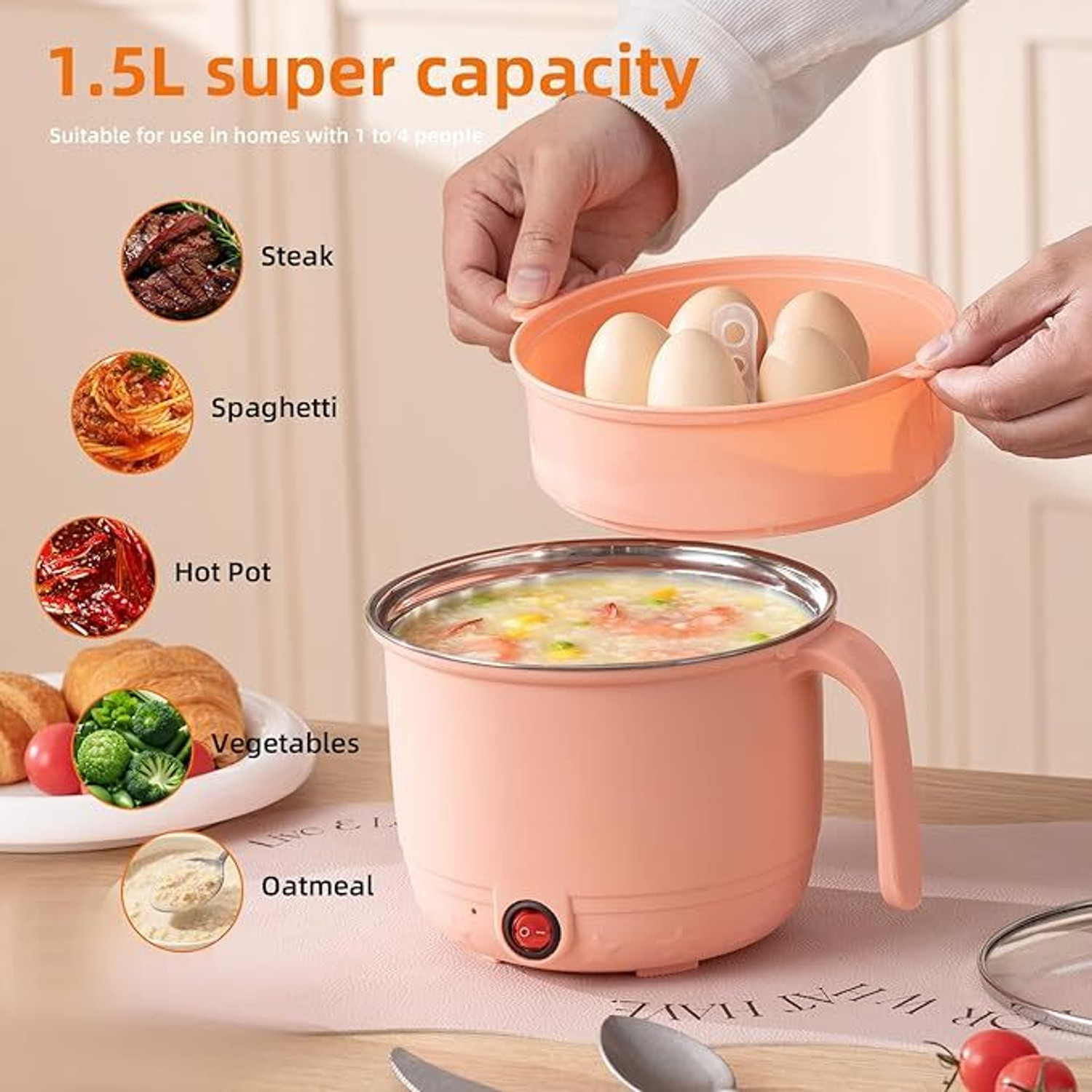 Image of BLANK LOOK Electric Multifunction Cooking Pot 1.5 Litre Multi-Purpose Cooker Deep Fryer, Egg Boiler, Egg Cooker, Food Steamer, Rice Cooker, Slow Cooker, Travel Cooker