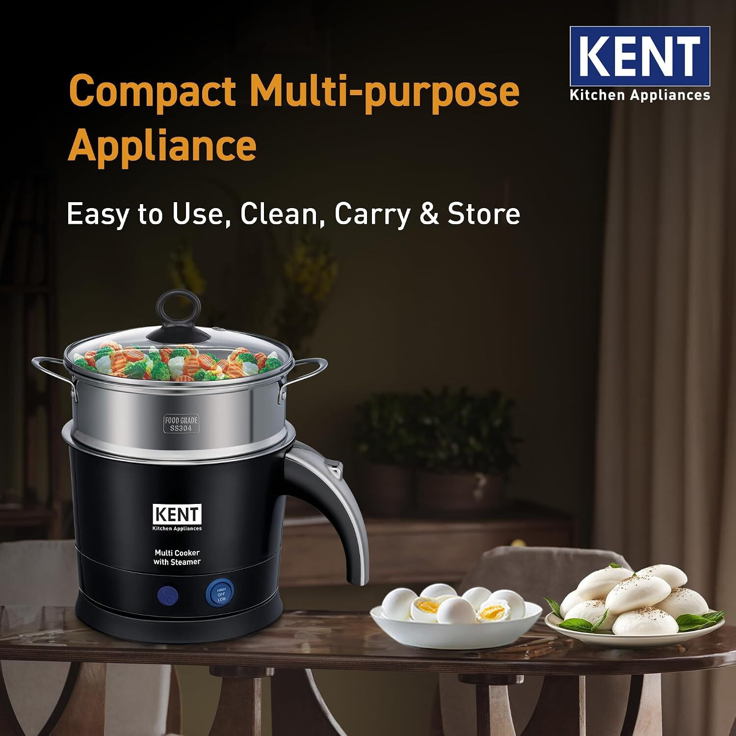 Image of KENT Electric Multicooker /Kettle with Steamer | 800W | Boiling of Water, Tea,Eggs | Multi Cooker Electric Kettle