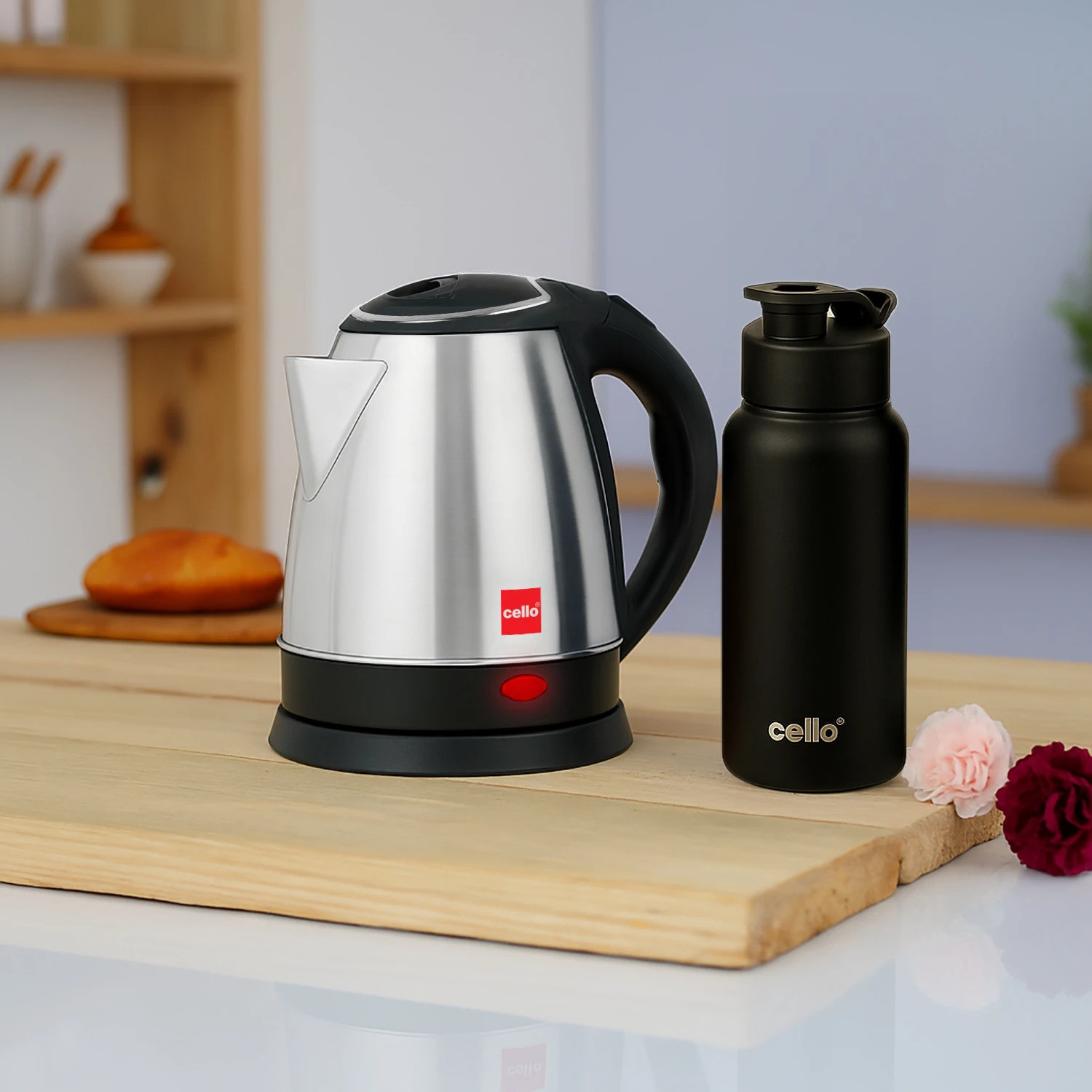 Image of cello Quick Boil Lifestyle Kettle 1.5 L + Sippa 500 ML Stainless Steel Water Bottle Electric Kettle
