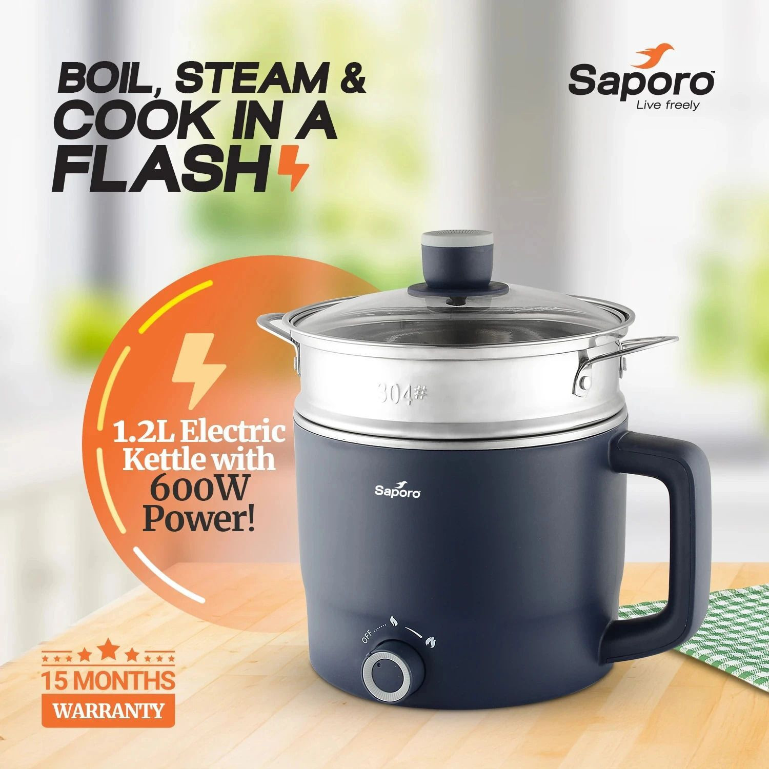 Image of SAPORO Flexicook Electric Multipurpose Kettle with Steamer - Double Layered Body - 600W Multi Cooker Electric Kettle