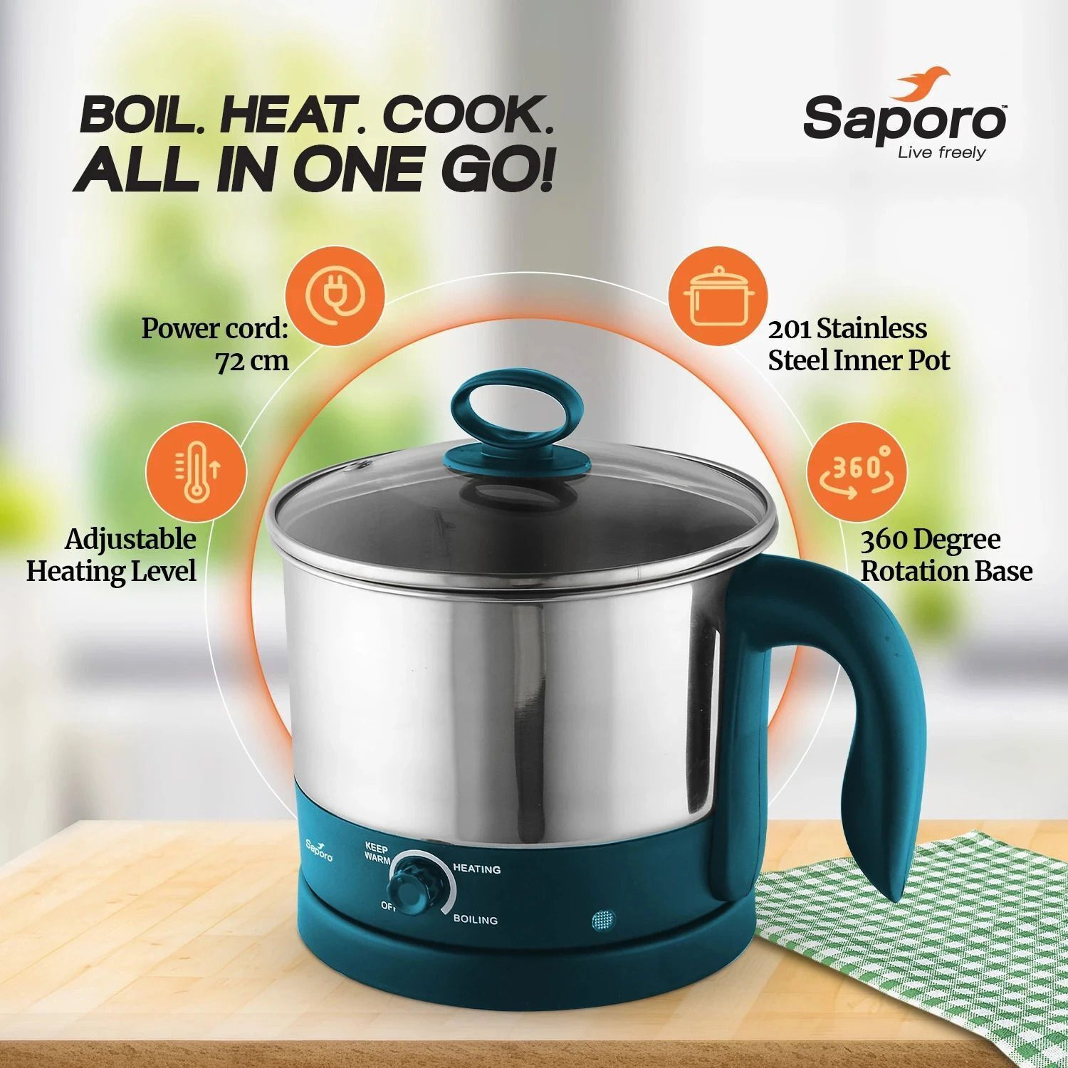 Image of SAPORO FlexiPro Electric Multipurpose Kettle with Stainless Steel Body, 600W Multi Cooker Electric Kettle